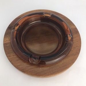 LPC Industries Amber Glass Round Wooden Base Ashtray Vintage